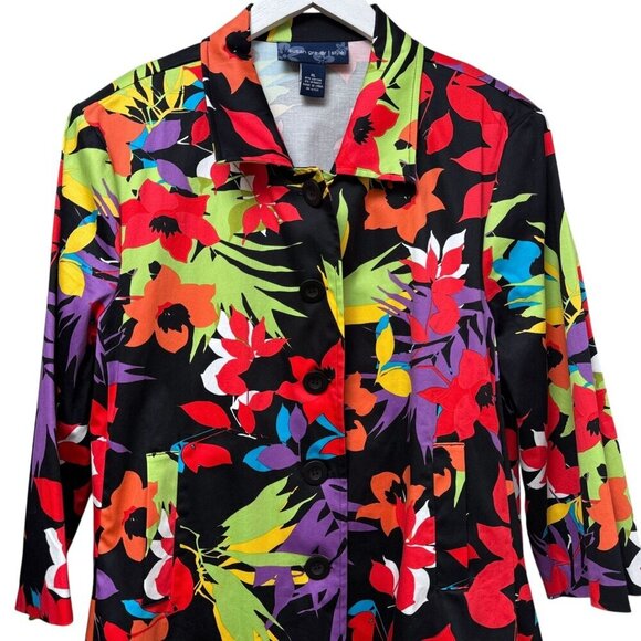 SUSAN GRAVER Bright Floral Blazer Size XL Black Multicolor Cotton Blend Jacket - Picture 3 of 9